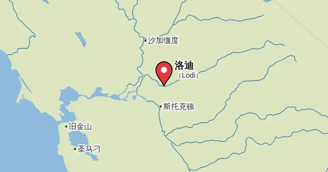 洛迪（Lodi）及周边地图，图钉标出洛迪的位置。图钉颜色：红葡萄酒