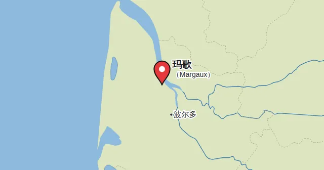 玛歌（Margaux）及周边地图，图钉标出玛歌的位置。图钉颜色：红葡萄酒