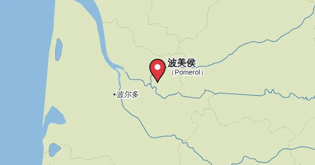 波美侯（Pomerol）及周边地图，图钉标出波美侯的位置。图钉颜色：红葡萄酒