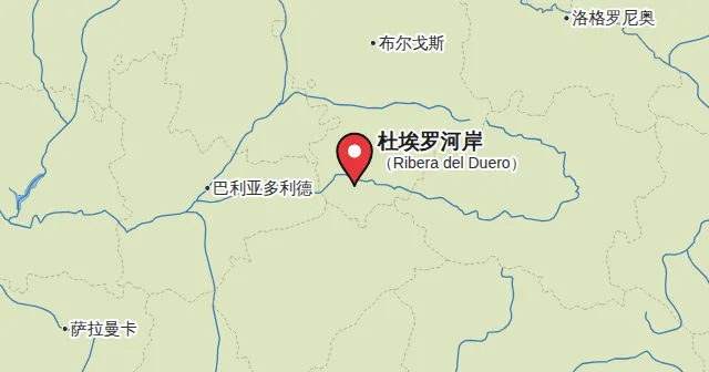 杜埃罗河岸（Ribera del Duero）及周边地图，图钉标出杜埃罗河岸的位置。图钉颜色：红葡萄酒