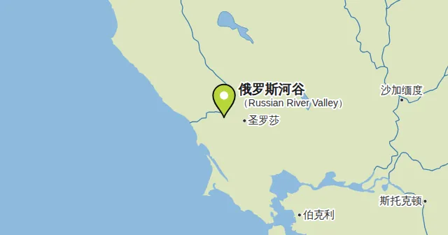 俄罗斯河谷（Russian River Valley）及周边地图，图钉标出俄罗斯河谷的位置。图钉颜色：白葡萄酒