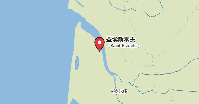 圣埃斯泰夫（Saint-Estèphe）及周边地图，图钉标出圣埃斯泰夫的位置。图钉颜色：红葡萄酒