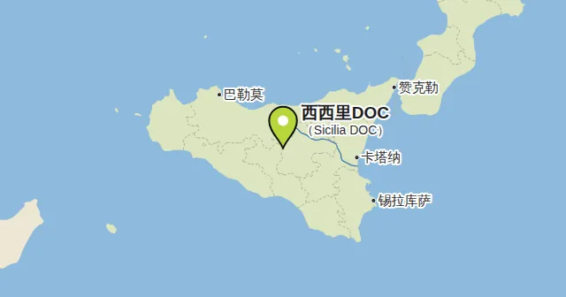 西西里DOC（Sicilia DOC）及周边地图，图钉标出西西里DOC的位置。图钉颜色：白葡萄酒