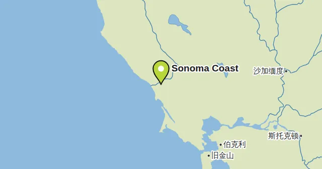 Sonoma Coast及周边地图，图钉标出Sonoma Coast的位置。图钉颜色：白葡萄酒