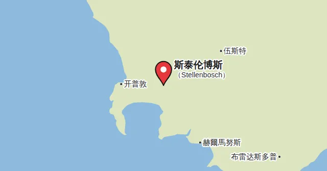斯泰伦博斯（Stellenbosch）及周边地图，图钉标出斯泰伦博斯的位置。图钉颜色：红葡萄酒