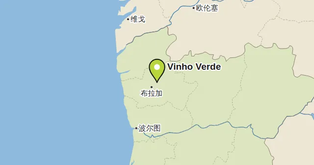 Vinho Verde及周边地图，图钉标出Vinho Verde的位置。图钉颜色：白葡萄酒