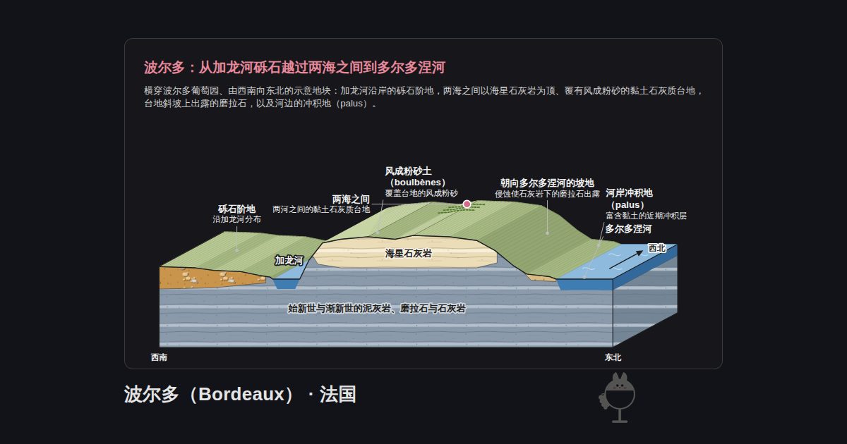 法国波尔多（Bordeaux）的图示。波尔多：从加龙河砾石越过两海之间到多尔多涅河：多尔多涅河、风成粉砂土（boulbènes）、加龙河、两海之间、河岸冲积地（palus）、砾石阶地、朝向多尔多涅河的坡地、海星石灰岩、始新世与渐新世的泥灰岩、磨拉石与石灰岩