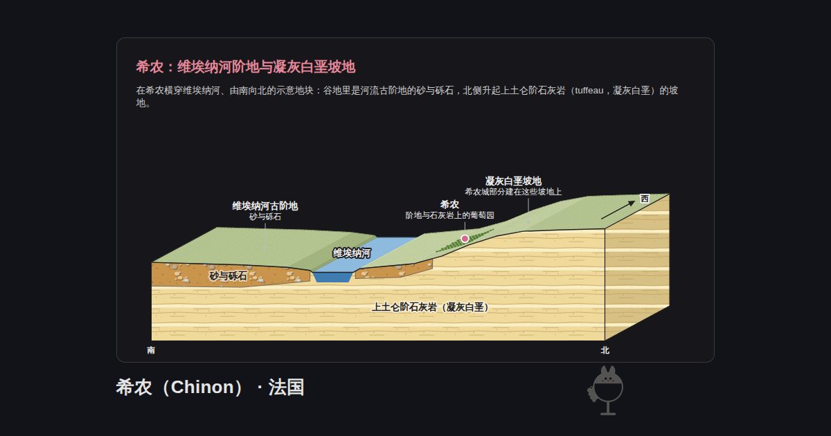 法国希农（Chinon）的图示。希农：维埃纳河阶地与凝灰白垩坡地：维埃纳河、维埃纳河古阶地、希农、凝灰白垩坡地、砂与砾石、上土仑阶石灰岩（凝灰白垩）