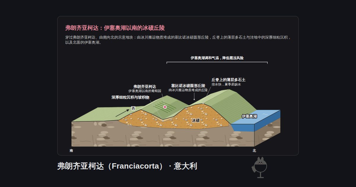 意大利弗朗齐亚柯达（Franciacorta）的图示。弗朗齐亚柯达：伊塞奥湖以南的冰碛丘陵：深厚细粒沉积与坡积物、伊塞奥湖、塞比诺冰碛圆形丘陵、丘脊上的薄层多石土、弗朗齐亚柯达、冰碛、伊塞奥湖调和气温，降低霜冻风险