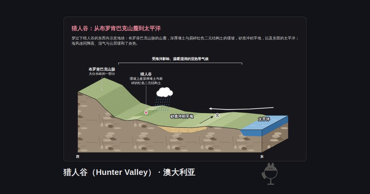 澳大利亚猎人谷（Hunter Valley）的图示。猎人谷：从布罗肯巴克山麓到太平洋：布罗肯巴克山脉、猎人谷、砂质冲积平地、太平洋、受海洋影响、温暖湿润的亚热带气候