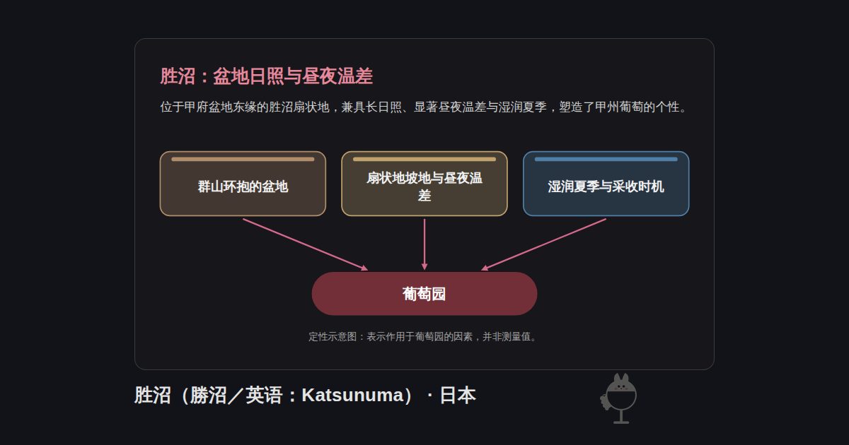 日本胜沼（勝沼／英语：Katsunuma）的图示。胜沼：盆地日照与昼夜温差：群山环抱的盆地、扇状地坡地与昼夜温差、湿润夏季与采收时机 → 葡萄园