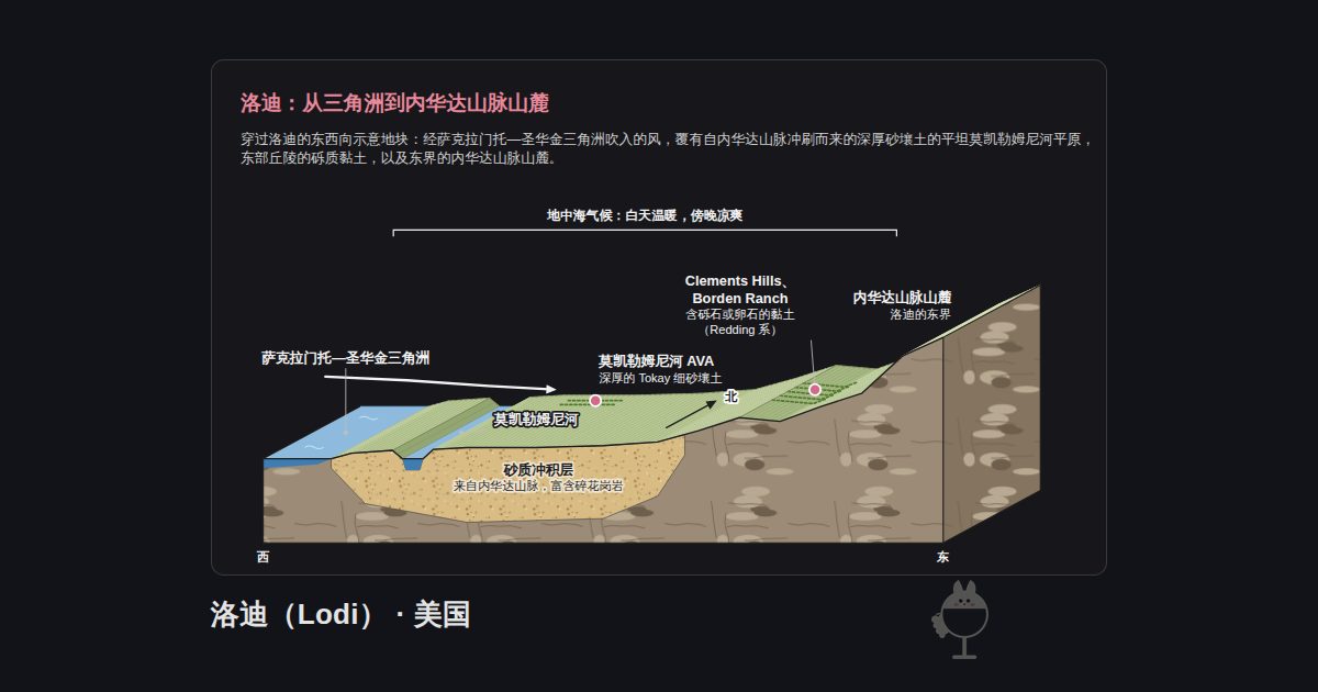 美国洛迪(Lodi)的图示。洛迪:从三角洲到内华达山脉山麓:萨克拉门托—圣华金三角洲、莫凯勒姆尼河、莫凯勒姆尼河 AVA、内华达山脉山麓、Clements Hills、Borden Ranch、砂质冲积层、地中海气候:白天温暖,傍晚凉爽
