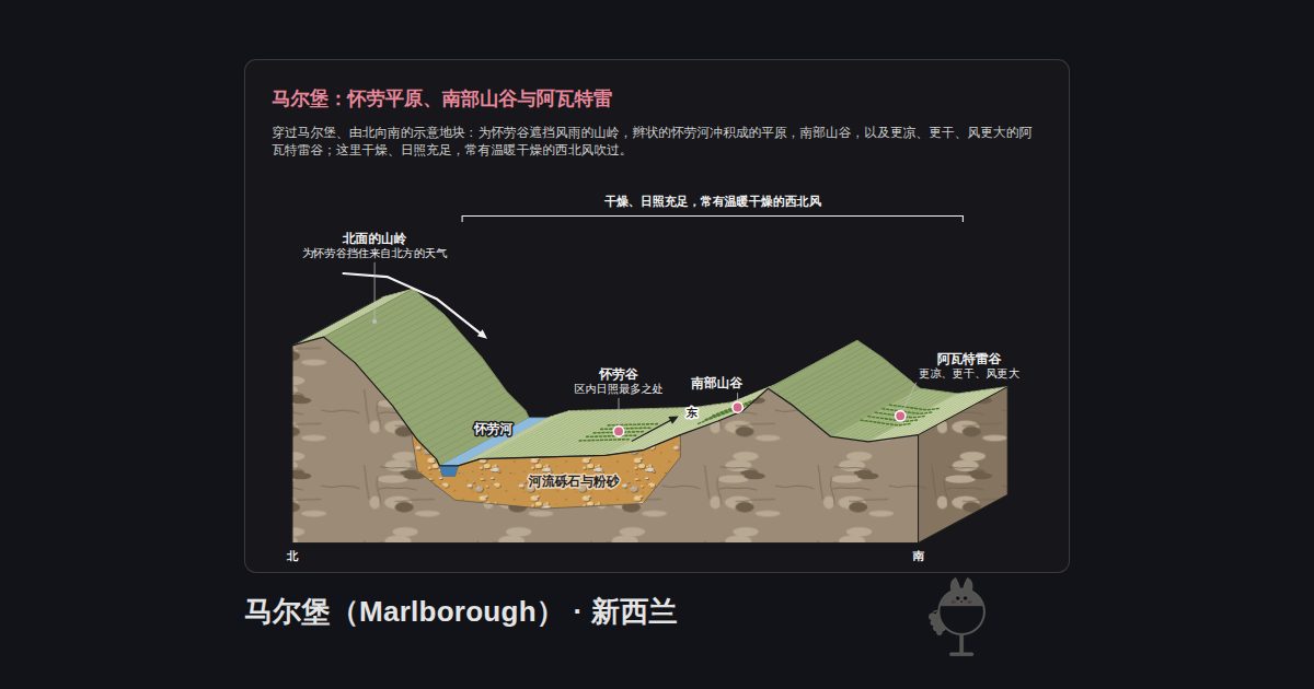 新西兰马尔堡（Marlborough）的图示。马尔堡：怀劳平原、南部山谷与阿瓦特雷：北面的山岭、怀劳河、怀劳谷、南部山谷、阿瓦特雷谷、河流砾石与粉砂、干燥、日照充足，常有温暖干燥的西北风