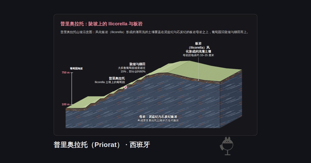 西班牙普里奥拉托(Priorat)的图示。普里奥拉托:陡坡上的 llicorella 与板岩:母岩:泥盆纪与石炭纪板岩、普里奥拉托、陡坡与梯田、板岩(llicorella)风化形成的浅薄土壤