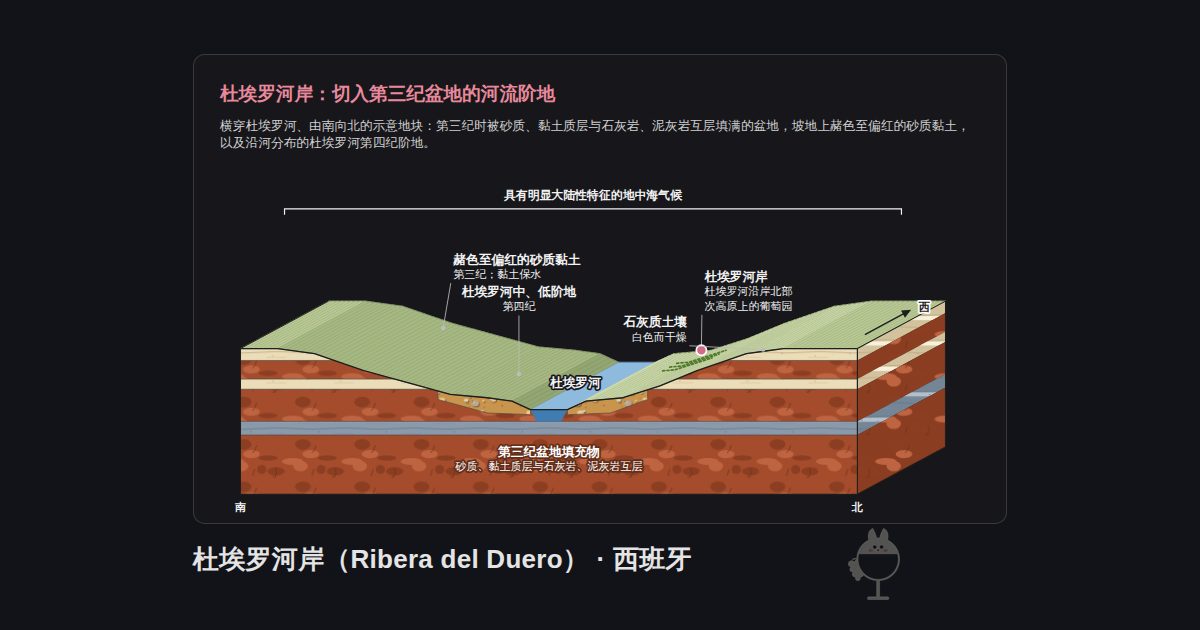 西班牙杜埃罗河岸（Ribera del Duero）的图示。杜埃罗河岸：切入第三纪盆地的河流阶地：杜埃罗河、杜埃罗河岸、石灰质土壤、杜埃罗河中、低阶地、赭色至偏红的砂质黏土、第三纪盆地填充物、具有明显大陆性特征的地中海气候